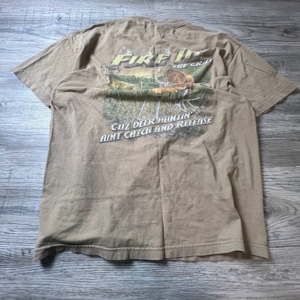 Buck Wear Graphic T-Shirt Mens XL Tan Fire Up The Grill Deer Hunting Funny Tee